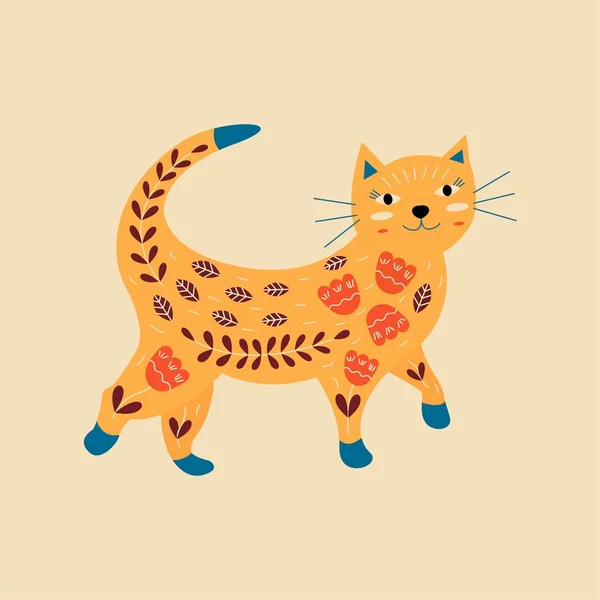 Gato Caminando Flores Hojas Con Patas Azules Sonríe Ilustración Brillante — Vector de stock