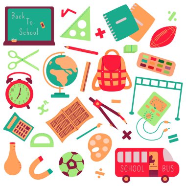 Okul unsurları ayarlandı. Vektör çizimi. Tahta, evrak çantası, defterler, çizim malzemeleri, matematik ve fizik, beden eğitimi ve coğrafya