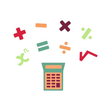 Matematiksel işaretlerle izole edilmiş hesap makinesi vektör çizimi. Artı, eksi, bölme, çarpma, eşittir, bir sayının kökü, derece