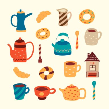 Bir çay takımı. Tatlı çaydanlıklar, kupalar, çörekler ve kruvasanlar. Çay kaşığı, krema ya da süt için bir sürahi, çay poşeti depolama evi. Renkli karikatür vektörü izole edildi. Boho rengi