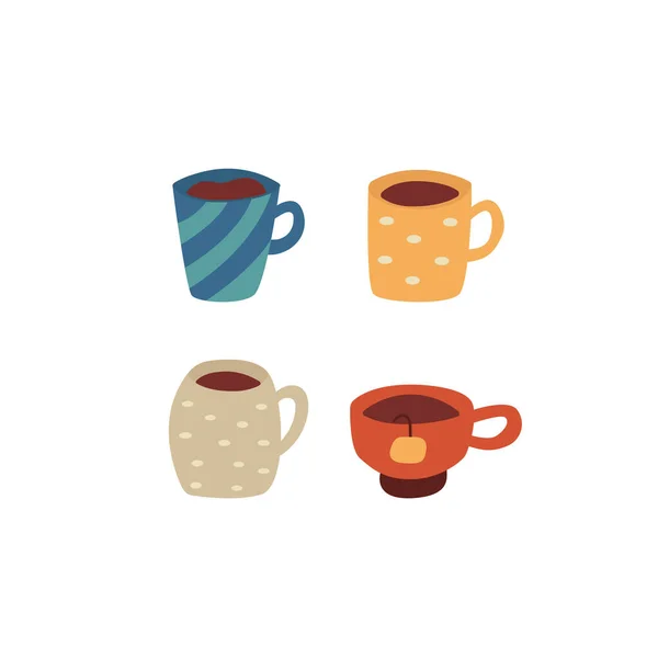 一套装咖啡和茶的杯子 舒服的心情 色彩斑斓的卡通矢量在白色背景上的孤立图解 — 图库矢量图片