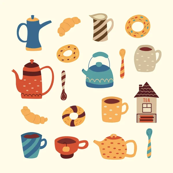 Set Tea Ware Cute Teapots Mugs Donuts Croissants Teaspoons Jug — Stock Vector