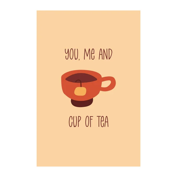 お茶と碑文のかわいい赤いカップを持つカード マグカップにティーバッグ 郵便はがきやポスター カラフルな漫画のベクトルイラスト上のベージュの背景 — ストックベクタ