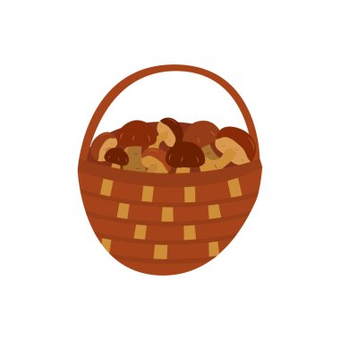 Mantarlı sepet, ormandaki sonbahar hasadı. Renkli vektör beyaz arkaplan çizgi film biçimi üzerinde izole edilmiş illüstrasyon