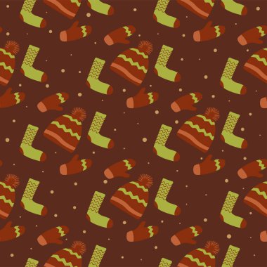 Kusursuz desenli sıcak çorap, eldiven ve ponponlu şapka, yağan kar. Noel şablonu, kış ambalajı. Kahverengi arka plan. Düz bir şekilde vektör illüstrasyonu. Yeni Yıl