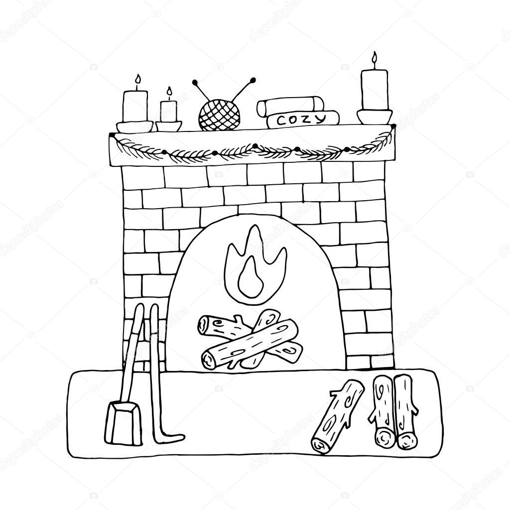 Cozy fireplace with burning candles, stack of books, yarn and knitting needles. Wood is lying near the fireplace, shovel and fireplace poker. Garland of fir twigs. Hand drawn black and white vector illustration. Christmas atmosphere of warmth and com