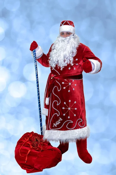 Santa Claus Bag Gifts Blue Background — Stock Photo, Image