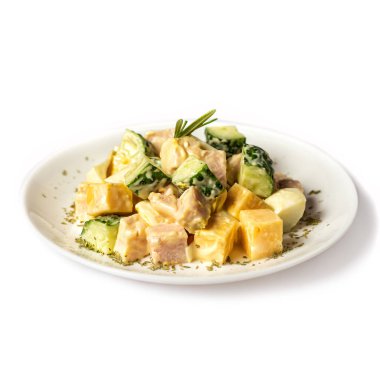 Beyaz arka plan üzerinde izole taze meyve ve sebze salatası ile Plaka. Menü veya resimler için kullanılabilir.