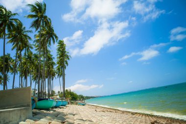 Mavi gökyüzü ve MUI Ne, Binh Thuan Eyaleti, Vietnam, Hindistan cevizi ile güzel bir plaj