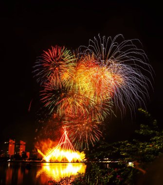 Bir havai fişek ekran gece gökyüzüne karşı. Yeni yıl 2019