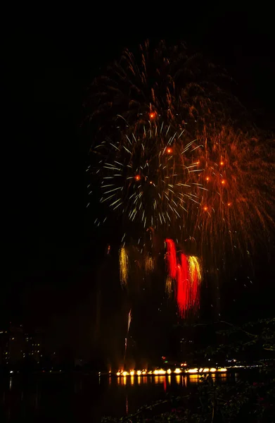 Espectáculo Fuegos Artificiales Contra Cielo Nocturno Año Nuevo 2019 — Foto de Stock