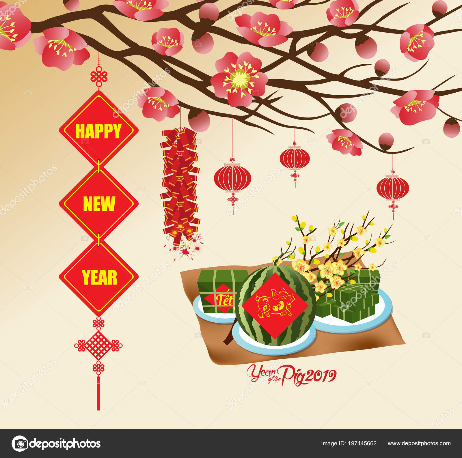 Chinese New Year 19 Background Blooming Sakura Branches Vietnamese New Stock Vector Image By C Ngocdai86