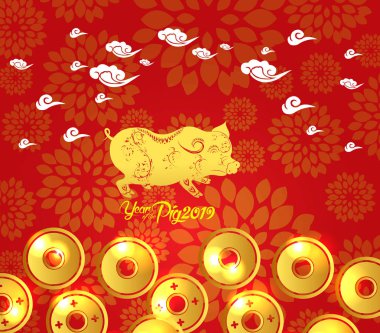 Çin yeni yıl 2019. Erik çiçeği ve sikke arka plan