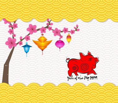 Çin yeni yılı 2019 fener desen arka plan. Domuz yılı 