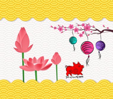 Blossom ve lantren ile Çin yeni yıl arka plan. Yıl 2019 domuz