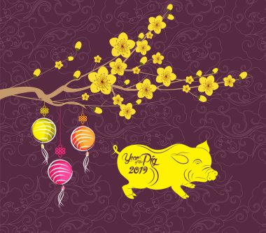 Mutlu yeni yıl 2019 tebrik kartı. Çin yeni yılı domuzun