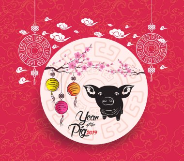 Fener, çay ve kek ile Oriental Çin yeni yılı arka plan. Yıl 2019 domuz