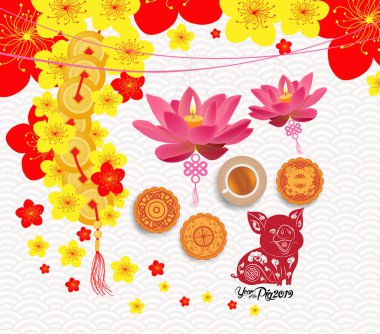 Fener, çay ve kek ile Oriental Çin yeni yılı arka plan. Domuz 2019oriental Çin yeni yılı arka plan fener, çay ve kek ile yılı. Yıl 2019 domuz