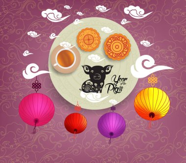 Fener, çay ve kek ile Oriental Çin yeni yılı arka plan. Yıl 2019 domuz