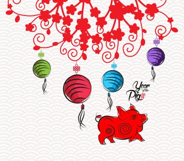 Soyut Çin yeni yılı fener ve arka plan. Yıl 2019 domuz
