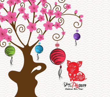 Soyut Çin yeni yılı fener ve arka plan. Yıl 2019 domuz