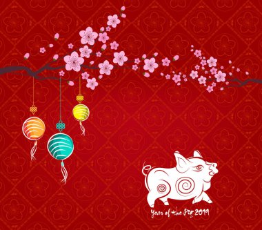 Çin yeni yılı 2019, fener ve erik çiçeği ile arka plan. Domuz yılı 