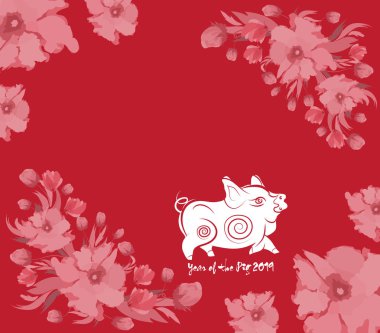 Oriental mutlu çene yeni yıl 2019 pasta ve çiçeği ile. Yıl 2019 domuz