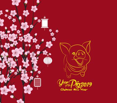 Geleneksel Çin yeni yılı. Çiçeği arka plan. Yıl 2019 domuz