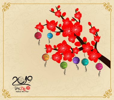 Çin yeni yılı tasarım. Geleneksel Çince arka planda erik çiçeği ile domuz. (hiyeroglif domuz)