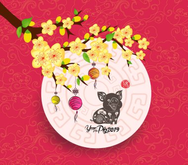 Oriental Çin yeni yılı 2019 çiçeği ve fener arka plan. Yıl (hiyeroglif domuz domuz)