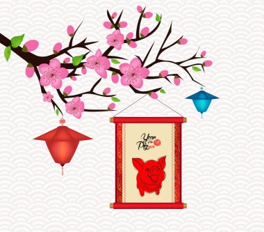 Mutlu yeni yıl 2019 çiçeği tebrik kartı. Çin yeni yılı (hiyeroglif domuz domuz) 