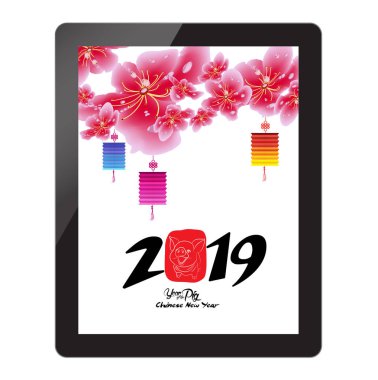 Sakura çiçeği tablet ile Çin yeni yılı. Domuz yılı