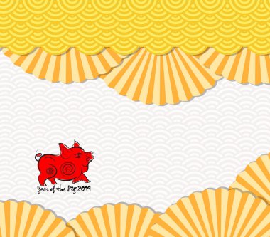 Klasik Çin yeni yılı çiçeği ve katlama kağıt Fan Doğu. Yıl 2019 domuz 