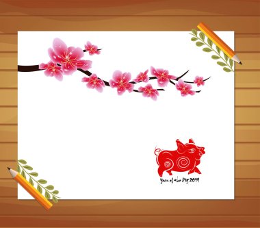 Sakura çiçek arka plan. İzole kiraz çiçeği beyaz arka plan. Yıl (hiyeroglif domuz domuz)