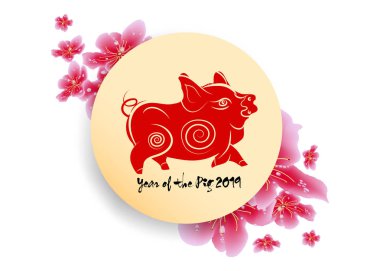 Satış banner tasarımı sakura çiçeği ile bahar. Çin yeni yılı 2019 (hiyeroglif domuz) 
