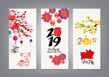 Vertical Hand Drawn Banners Set with Chinese New Year 2019