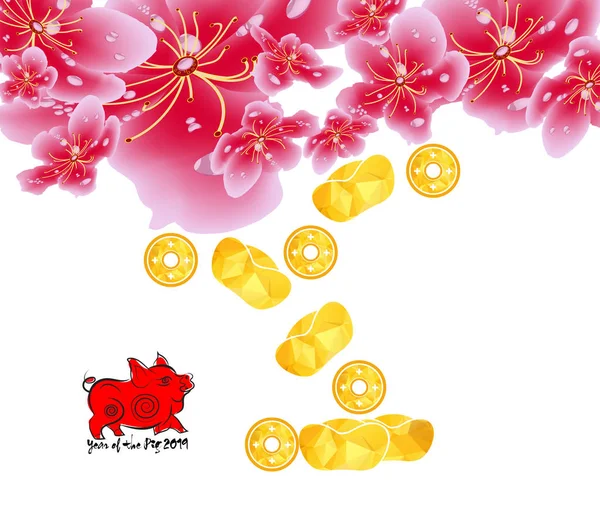 Satılık etiket tasarımını sakura çiçekli bahar. Kiraz çiçekleri ve altın, Çin yeni yılı 2019