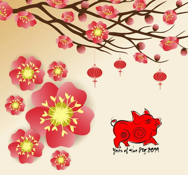 Kinesiska Nyåret 2019 Bakgrunden Blommar Sakura Grenar — Stock vektor