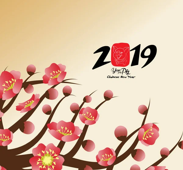 Chinese New Year 2019 Background Blooming Sakura Branches — Stock Vector