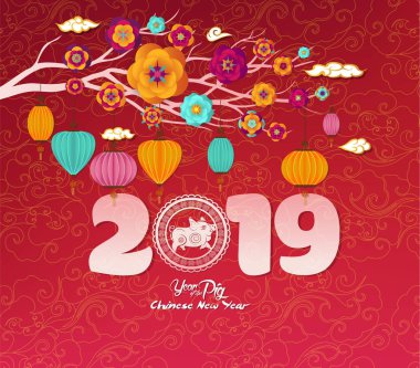Oriental Çin yeni yılı 2019 çiçeği ve fener arka plan. Domuz yılı 