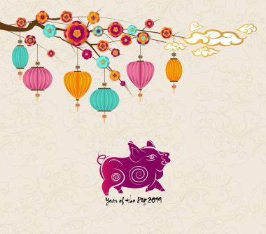 Mutlu yeni yıl 2019 zodyak domuz. Ay yeni yıl ağacı çiçeği ile