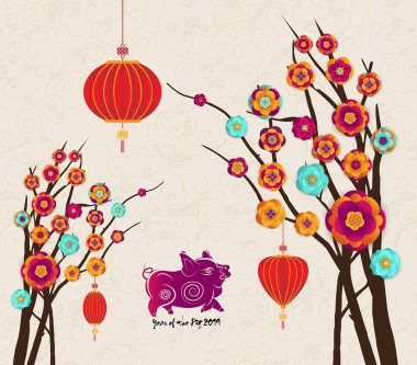 Mutlu yeni yıl 2019 zodyak domuz. Ay yeni yıl ağacı çiçeği ile