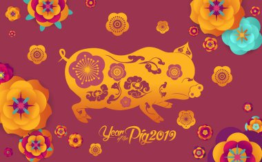 Mutlu Çin yeni yılı 2019 tasarım, şirin domuz. Mutlu domuz yıl çene kelime, Fuşya arka planda