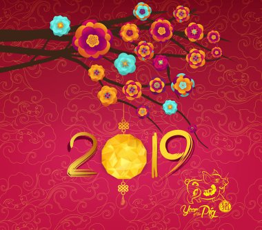 Çin yeni yılı tasarım. Geleneksel Çince arka planda erik çiçeği ile domuz. (hiyeroglif domuz)