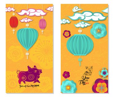 2019 Çin yeni yıl tebrik kartı, kesme kağıt ile iki taraf afiş, el ilanı veya davetiye tasarım Sakura çiçek ve domuz