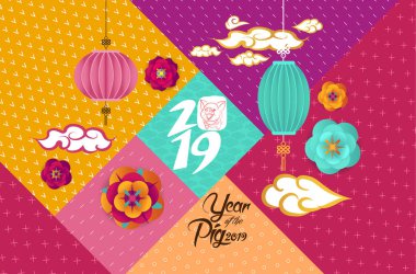 2019 Çin yeni yıl tebrik kartı, kağıt kesme çiçek ve Asya bulutlar (hiyeroglif domuz) 