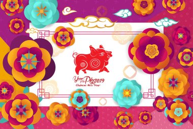 Origami Sakura çiçekleri ve bulutlar ışık arka plan üzerinde beyaz kare kare olan 2019 Çin yeni yıl tebrik kartı, kağıt kesme