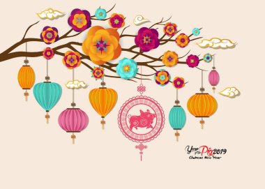 2019 Çin yeni yıl tebrik kartı domuz amblemi ve sakura Şubesi ile. Domuz yılı 