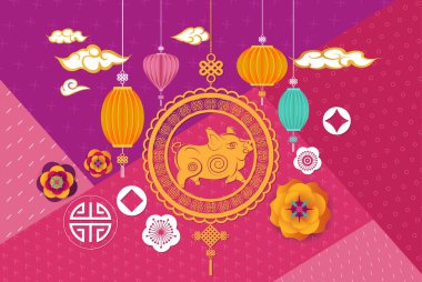  2019 Çin tebrik kartı kağıt ile geometrik arka plan üzerinde amblemi ve çiçekler kesti. Zodyak domuz, mutlu yeni yıl