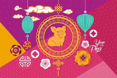 2019 Çin tebrik kartı kağıt ile geometrik arka plan üzerinde amblemi ve çiçekler kesti. Zodyak domuz, mutlu yeni yıl